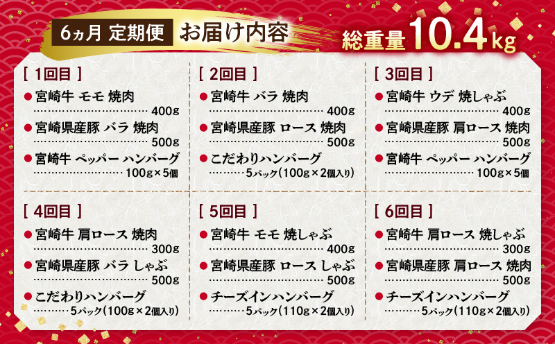 宮崎牛・宮崎県産豚・ハンバーグが毎月届く！ミヤチク堪能定期便(総重量10.4kg)_M132-T001