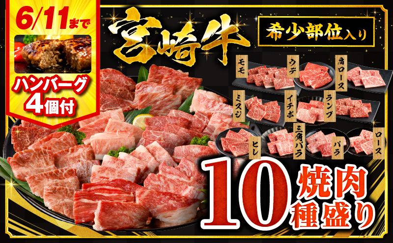 【2025年7月発送】【期間・数量限定】宮崎牛焼肉10種盛り合わせ・国産牛ハンバーグ100g×4個_M132-067-B1-jul