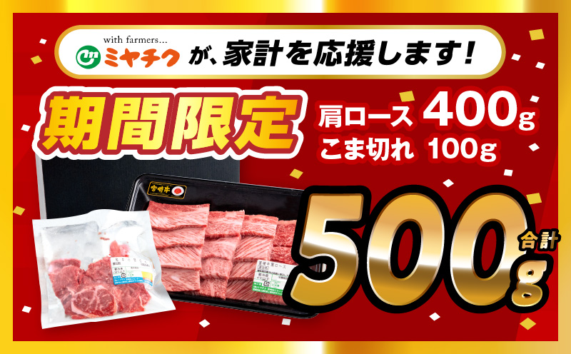 【期間限定】宮崎牛肩ロース焼肉400g 宮崎県産黒毛和牛こま切れ100g 合計500g_M132-020-UP