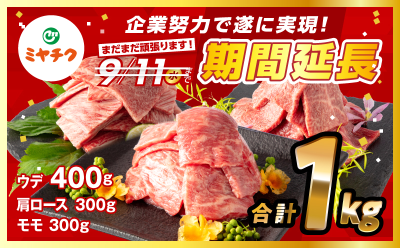 【期間限定・最速便】宮崎県産 黒毛和牛 肩ロース・モモ 焼肉 各300g×1 ウデ400g×1 合計1kg_M132-030-UP-2W