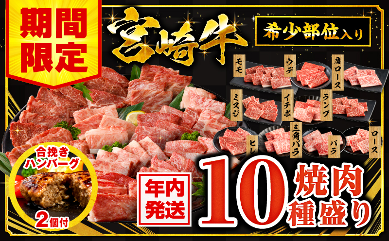 【年内発送】【期間・数量限定】宮崎牛焼肉10種盛り合わせ+合挽きハンバーグ100g×2個_M132-067-B-NN