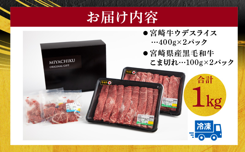 宮崎牛 ウデ スライス 400g×2 宮崎県産 黒毛和牛 こま切れ 100g×2 合計1kg_M132-023