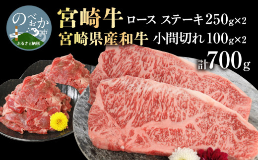 宮崎牛 ロース ステーキ 250g×2 宮崎県産和牛小間切れ 100g×2 計700g