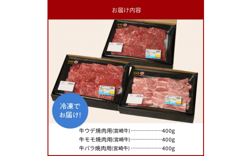 宮崎牛 ウデ・モモ・バラ 焼肉用 各400g 計1.2kg