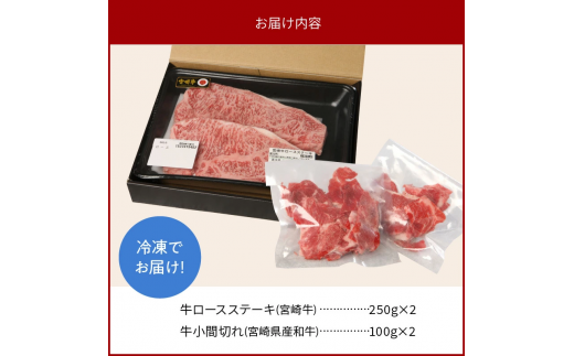 宮崎牛 ロース ステーキ 250g×2 宮崎県産和牛小間切れ 100g×2 計700g