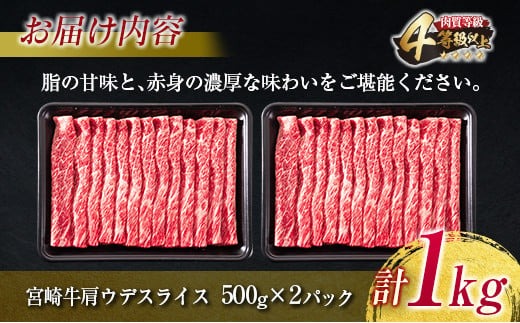 【最短2週間以内で発送】数量限定 宮崎牛 肩ウデ スライス 1kg 肉 牛肉 国産 すき焼き 人気 おすすめ ブランド牛 黒毛和牛 赤身 しゃぶしゃぶ 食品 高級 贅沢 お取り寄せ 小分け ミヤチク おかず 記念日 宮崎県 日南市 送料無料_MPC1-24-2W