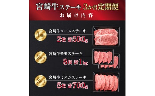 3か月 お楽しみ 定期便 宮崎牛 特選 ステーキ 総重量2.2kg 牛肉 黒毛和牛 ミヤチク ロース モモ ミスジ 国産 おかず 食品 焼肉 BBQ グルメ 人気 おすすめ 赤身 霜降り 希少部位 贅沢 高級 ご褒美 お祝 記念日 ブランド牛 お取り寄せ 宮崎県 日南市 送料無料_MPJ1-25