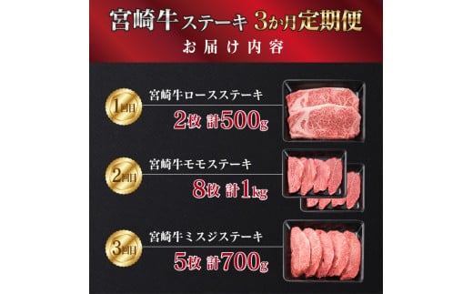 3か月 お楽しみ 定期便 宮崎牛 特選 ステーキ 総重量2.2kg 肉 牛 牛肉 黒毛和牛 ロース モモ ミスジ 国産 おかず 食品 焼肉 送料無料_MPIC1-24