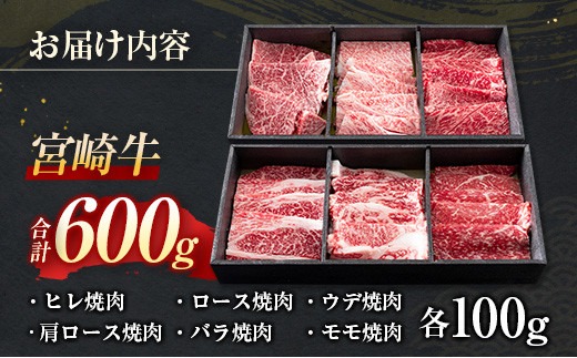 数量限定 宮崎牛 6種 食べ比べ 焼肉 セット 合計600g 牛肉 ビーフ 黒毛和牛 ミヤチク 3D冷凍 国産 ヒレ 肩ロース ウデ バラ モモ ブランド牛 おかず 食品 お取り寄せ グルメ 鉄板焼き 焼き肉 希少部位 上品 高級 贅沢 ご褒美 お祝 宮崎県 日南市 送料無料_MPDA5-24