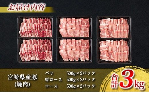 数量限定 豚肉 焼肉 セット 合計3kg 豚バラ 豚ロース ポーク 詰め合わせ 国産 宮崎県産 ミヤチク おかず お弁当 おつまみ 食べ比べ 食品 バーベキュー キャンプ グランピング 人気 おすすめ 小分け お祝 記念日 バラエティ お取り寄せ 日南市 送料無料_MPCC4-24