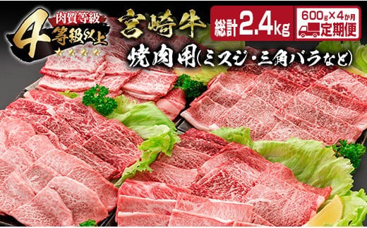 4か月 お楽しみ 定期便 宮崎牛 焼肉 バラエティ セット 総重量2.4kg 肉 牛 牛肉 黒毛和牛 モモ ミスジ イチボ バラ 国産 おかず 食品 BBQ 送料無料_MPIG1-24