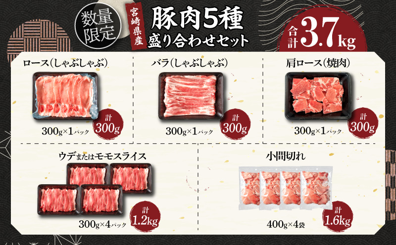 数量限定 豚肉 5種 盛り合わせ セット 合計3.7kg 豚 小分け 豚バラ 豚ロース 豚こま 国産 食品 人気 おかず 焼肉 しゃぶしゃぶ 豚丼 食べ比べ 料理に大活躍 使い勝手抜群 ミヤチク 送料無料_MPCA8-26