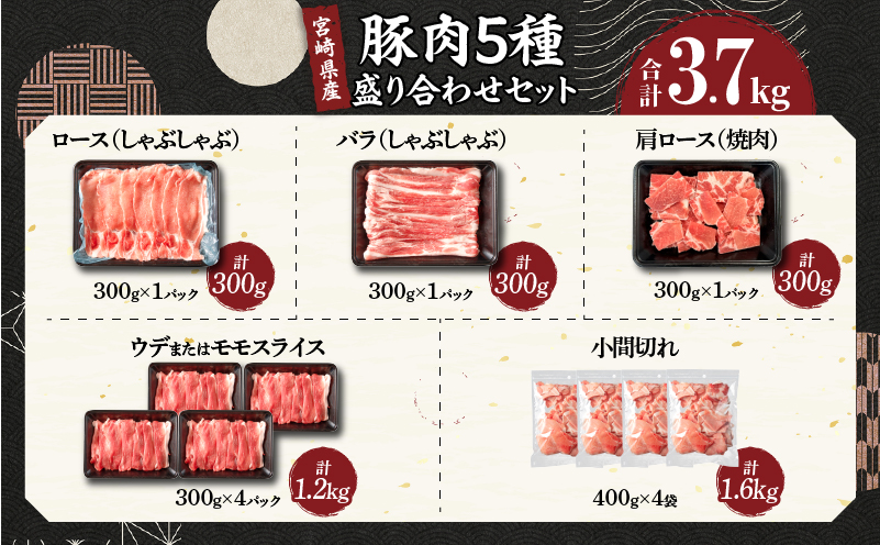 豚肉 5種 盛り合わせ セット 合計3.7kg 豚 肉 小分け 焼肉 しゃぶしゃぶ 豚バラ ロース 赤身 こま切れ スライス 宮崎県産 国産 食品 豚丼 豚しゃぶ おかず 小間切れ 真空パック 食べ比べ おすすめ 料理に大活躍 ミヤチク 選べる 宮崎県 日南市 送料無料_MPCA8-26
