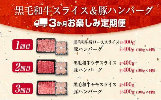 3か月 お楽しみ 定期便 黒毛和牛 スライス 豚 ハンバーグ 総重量2.4kg 肉 牛 牛肉 国産 おかず すき焼き しゃぶしゃぶ ロース ウデ モモ 食品 送料無料_MPFD1-24