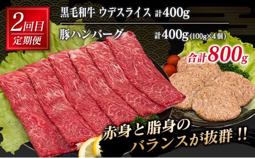 3か月 お楽しみ 定期便 黒毛和牛 スライス 豚 ハンバーグ 総重量2.4kg 牛肉 豚肉 国産 すき焼き しゃぶしゃぶ 肩ロース ウデ モモ 食品 おかず お弁当 グルメ 贅沢 ご褒美 お祝 人気 おすすめ 詰め合わせ お取り寄せ ミヤチク 宮崎県 日南市 送料無料_MPG2-25