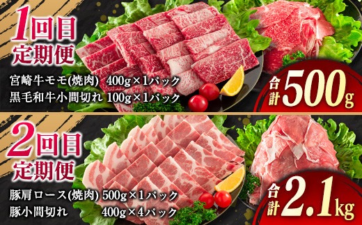 5か月定期便 月替わりで堪能!! 牛肉 豚肉 焼肉 セット 豚バラ 肩ロース モモ ウデ 総重量5.6kg 国産 食品 おかず BBQ バーベキュー 小分け 宮崎牛 黒毛和牛 小間切れ 赤身 A4 A5 高級 グランピング お弁当 おすすめ 人気 宮崎県 日南市 送料無料_MPIH1-25