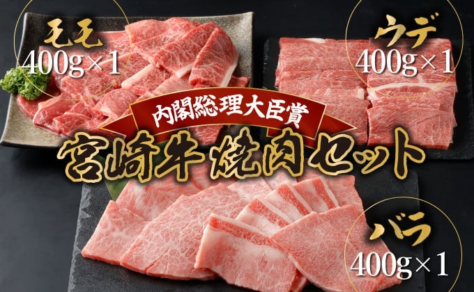 宮崎牛焼肉セット 計1.2kg (宮崎牛ウデ焼肉400ｇ×1、宮崎牛モモ焼肉400ｇ×1、宮崎牛バラ焼肉400ｇ×1)【mKU318】