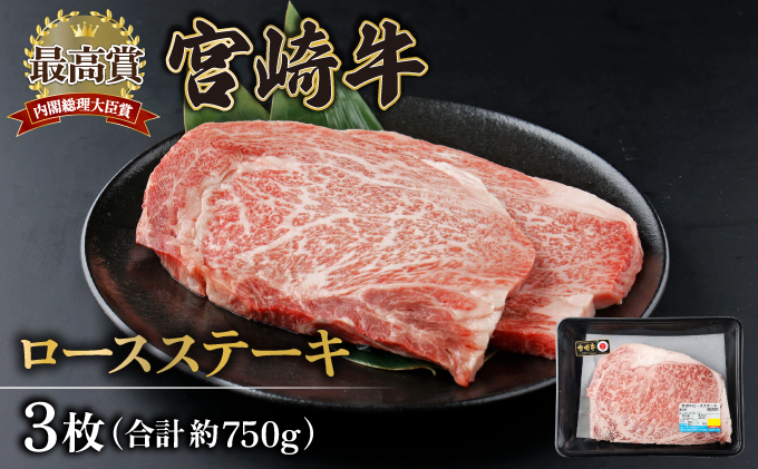 宮崎牛ロースステーキセット 計750g (250g×3)【mKU309-3】内閣総理大臣賞 和牛 霜降り肉 肩ロース 焼肉 きめ細やか 柔らかい 最高級 コクと旨み 大きな