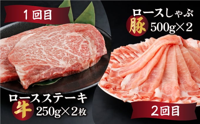 【定月定期便！計3.7kg （宮崎牛ロース ステーキ、宮崎産豚ロース しゃぶ、定期便・全6回】宮崎牛と宮崎産豚肉 6ヶ宮崎牛肩ローススライス、宮崎牛ウデ スライス、宮崎産豚バラ 焼肉、宮崎牛モモ焼肉用400g×1）【mKU305】