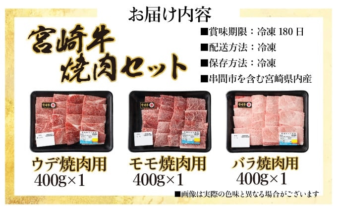 宮崎牛焼肉セット 計1.2kg (宮崎牛ウデ焼肉400ｇ×1、宮崎牛モモ焼肉400ｇ×1、宮崎牛バラ焼肉400ｇ×1)【mKU318】