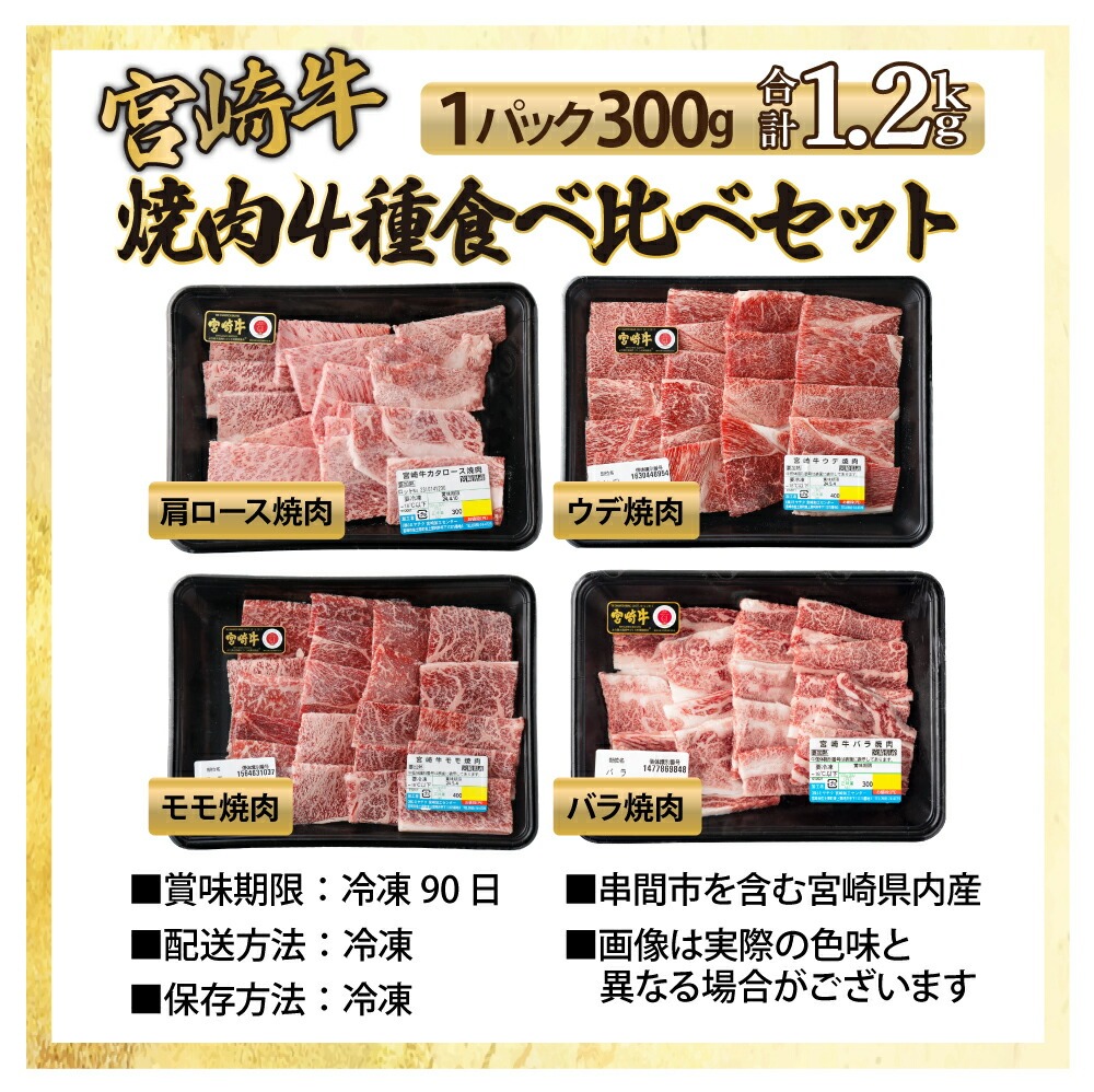 宮崎牛 4種 焼肉食べ比べセット1.2kg 肩ロース ウデ モモ バラ 焼肉 BBQ 宮崎県 送料無料【mMCU4Y】