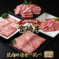 宮崎牛 4種 焼肉食べ比べセット1.2kg 肩ロース ウデ モモ バラ 焼肉 BBQ 宮崎県 送料無料【mMCU4Y】