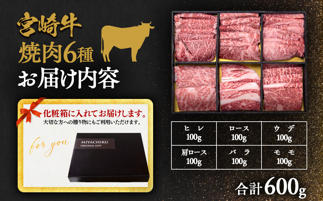 【宮崎牛】焼肉6種食べ比べセット600g 内閣総理大臣賞４連続受賞<2.1-12>