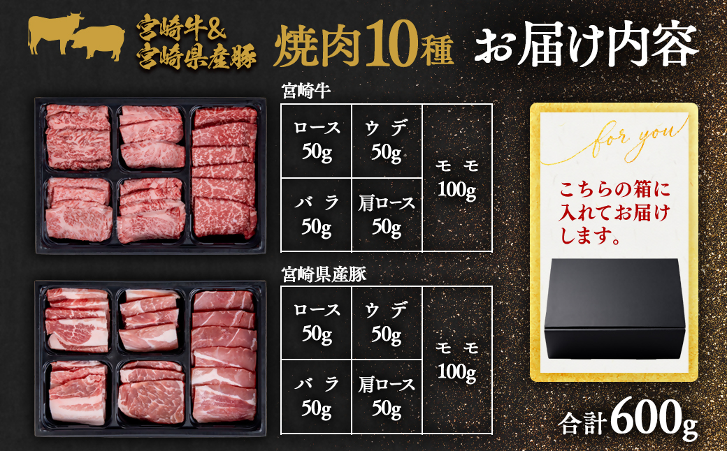 【宮崎牛＆宮崎県産豚肉】焼肉10種食べ比べセット600g 内閣総理大臣賞４連続受賞<1.1-7>