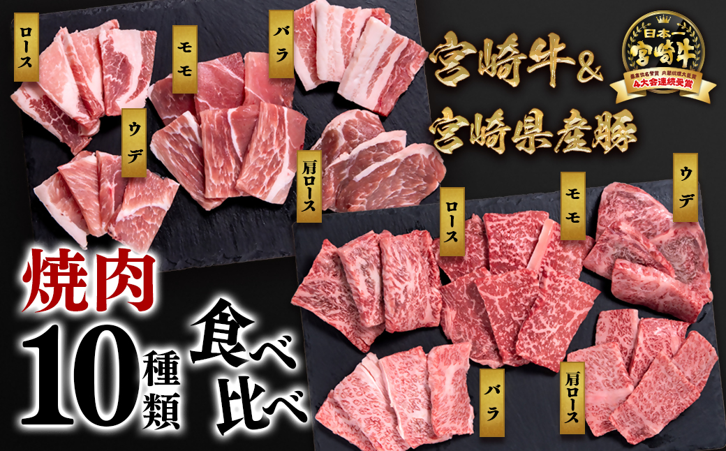 【宮崎牛＆宮崎県産豚肉】焼肉10種食べ比べセット600g 内閣総理大臣賞４連続受賞<1-44>