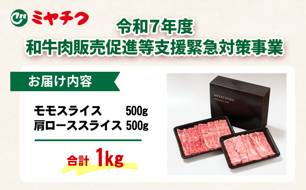 <畜産農家応援>【宮崎牛】モモ・肩ローススライスセット1kg　内閣総理大臣賞４連続受賞<1.7-11>