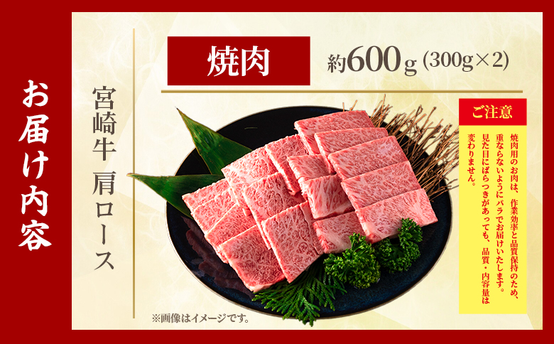 ＜宮崎牛肩ロース【焼肉】600g＞【3月発送】霜降り やわらかい サシ 赤身と脂のバランス 炒め物 肉料理 ご馳走 国産 高級 ブランド牛肉 黒毛和牛 数量限定【MI690-my-mar】【ミヤチク】