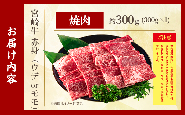 ＜宮崎牛赤身【焼肉】（ウデorモモ）300g＞【1月発送】脂控えめ ヘルシー あっさり うで もも 炒め物 肉料理 ご馳走 国産 ブランド牛肉 黒毛和牛【MI681-my-jan】【ミヤチク】