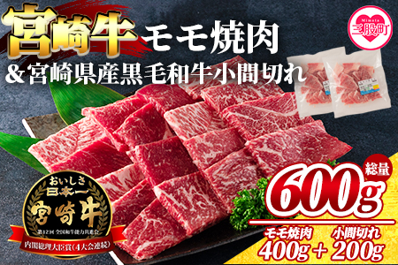 ＜宮崎牛モモ焼肉400gと宮崎県産和牛小間切れ200g 総量600g＞【数量限定】【MI236-my】【ミヤチク】