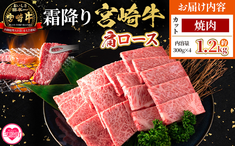 <宮崎牛肩ロース【焼肉】1.2kg>【4月発送】霜降り やわらかい サシ 赤身と脂のバランス 炒め物 肉料理 ご馳走 国産 高級 ブランド牛肉 黒毛和牛 数量限定【MI692-my-apr】【ミヤチク】