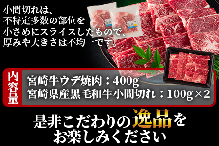 ＜宮崎牛ウデ焼肉と宮崎県産和牛小間切れ 総量600g＞【MI141-my】【ミヤチク】