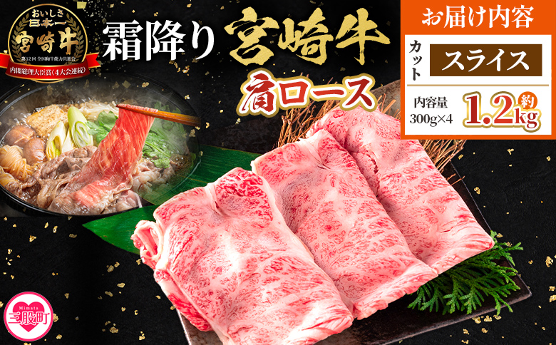 <宮崎牛肩ロース【スライス】1.2kg>【4月発送】霜降り やわらかい サシ 赤身と脂のバランス 炒め物 肉料理 ご馳走 国産 高級 ブランド牛肉 黒毛和牛 数量限定【MI696-my-apr】【ミヤチク】