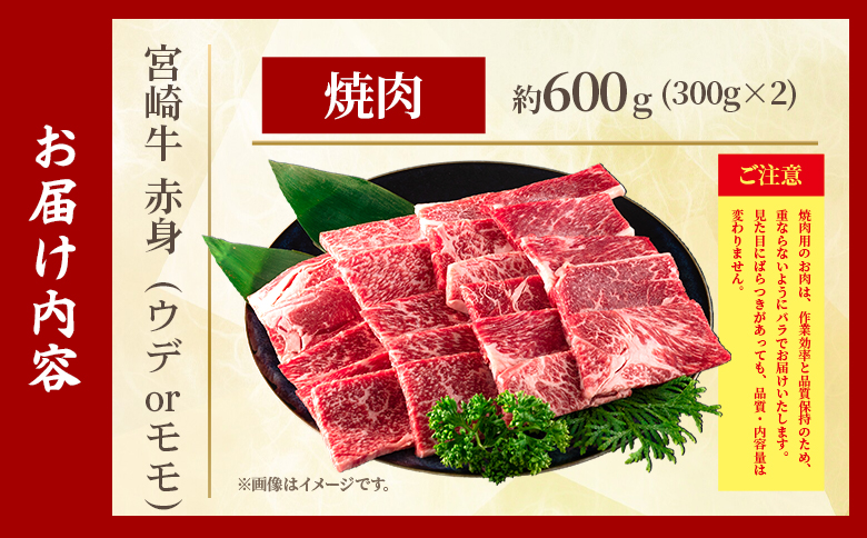 ＜宮崎牛赤身【焼肉】（ウデorモモ）600g＞【8月発送】脂控えめ ヘルシー あっさり うで もも 炒め物 肉料理 ご馳走 国産 ブランド牛肉 黒毛和牛【MI682-my-aug】【ミヤチク】