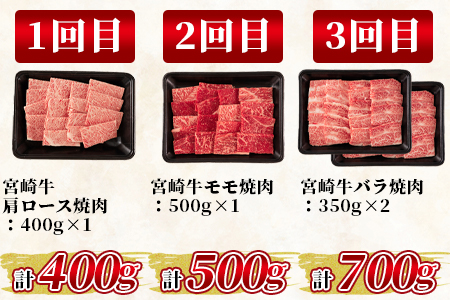 ＜【3ヶ月定期便】総重量1.6kgの宮崎牛焼肉味わいお試しセット＞国産 九州産【MI243-my】【ミヤチク】