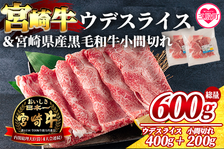 ＜宮崎牛ウデスライス400gと宮崎県産和牛小間切れ200g 総量600g＞【MI142-my】【ミヤチク】