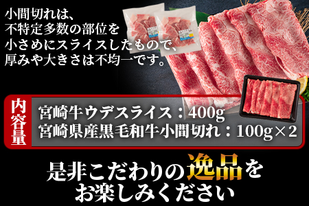 ＜宮崎牛ウデスライス400gと宮崎県産和牛小間切れ200g 総量600g＞【MI142-my】【ミヤチク】