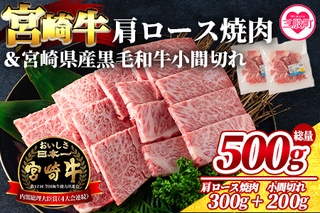 ＜宮崎牛肩ロース焼肉300gと宮崎県産和牛小間切れ200g 総量500g＞【MI143-my】【ミヤチク】