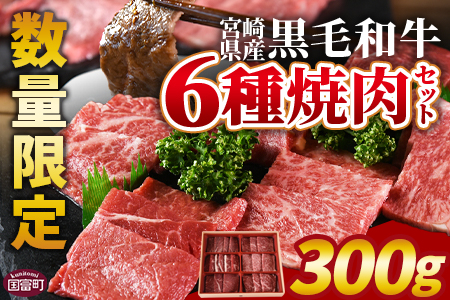 数量限定 ＜宮崎県産黒毛和牛(経産)6種焼肉セット 300g＞1か月以内に順次出荷【 国産 黒毛和牛 牛肉 牛 精肉 焼き肉 焼肉 サーロイン リブロース 肩ロース ウデ モモ バラ 贈答品 ギフト 贈り物 グルメ ミヤチク 】