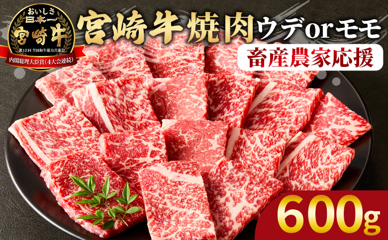 【畜産農家応援】＜宮崎牛 赤身焼肉 1パック（600g）＞入金確認後、1～3か月以内に順次出荷【 国産 黒毛和牛 牛肉 牛 精肉 ウデ肉 モモ肉 4等級以上 ブランド牛 赤身 旨味 贈答品 ギフト 贈り物 化粧箱 グルメ ミヤチク 】