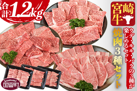 ＜宮崎牛 焼肉 3種セット（ウデ・モモ・バラ）合計1.2kg＞