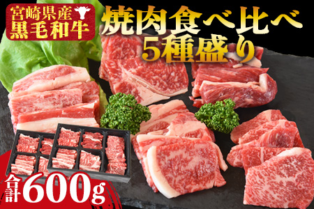 ＜宮崎県産黒毛和牛 焼肉食べ比べ 5種盛り 2セット 合計600g（4種各50g×2＋モモ100g×2）＞