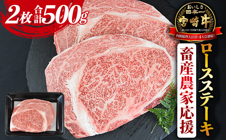 【畜産農家応援】<宮崎牛 ロースステーキ 2枚 合計500g>入金確認後、1~3か月以内に順次出荷【牛肉 黒毛和牛 ブランド牛 4等級以上 高級 国産 お取り寄せグルメ お祝い 特産品 ミヤチク 宮崎県 国富町】
