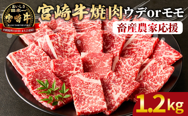 【畜産農家応援】＜宮崎牛 赤身焼肉 2パック（1.2kg）＞入金確認後、1～3か月以内に順次出荷【 国産 黒毛和牛 牛肉 牛 精肉 ウデ肉 モモ肉 4等級以上 ブランド牛 赤身 旨味 贈答品 ギフト 贈り物 化粧箱 グルメ ミヤチク 】