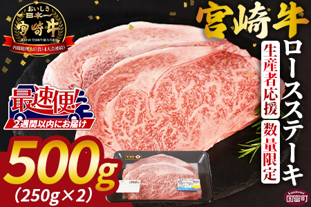 生産者応援 期間限定 数量限定 ＜宮崎牛ロースステーキ 2枚＞2週間以内に発送【 国産 黒毛和牛 牛肉 牛 精肉 ロース ロース肉 ステーキ 4等級以上 ブランド牛 赤身 贈答品 ギフト 贈り物 化粧箱 グルメ ミヤチク 】