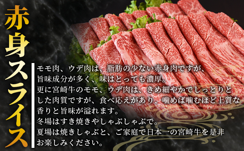 【畜産農家応援】＜宮崎牛赤身(ウデorモモ)スライス 600g＞入金確認後、7営業日以内に順次出荷【 国産 黒毛和牛 牛肉 牛 精肉 スライス ウデ肉 モモ肉 4等級以上 ブランド牛 赤身 旨味 贈答品 ギフト 贈り物 化粧箱 しゃぶしゃぶ グルメ ミヤチク 】