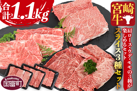 ＜宮崎牛 スライス3種セット（肩ロース・ウデ・モモ）合計1.1kg＞入金確認後、1か月程度で出荷